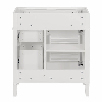 White bathroom vanity base with two drawers and a tip-out storage cabinet on Tampa Home & Garden Store