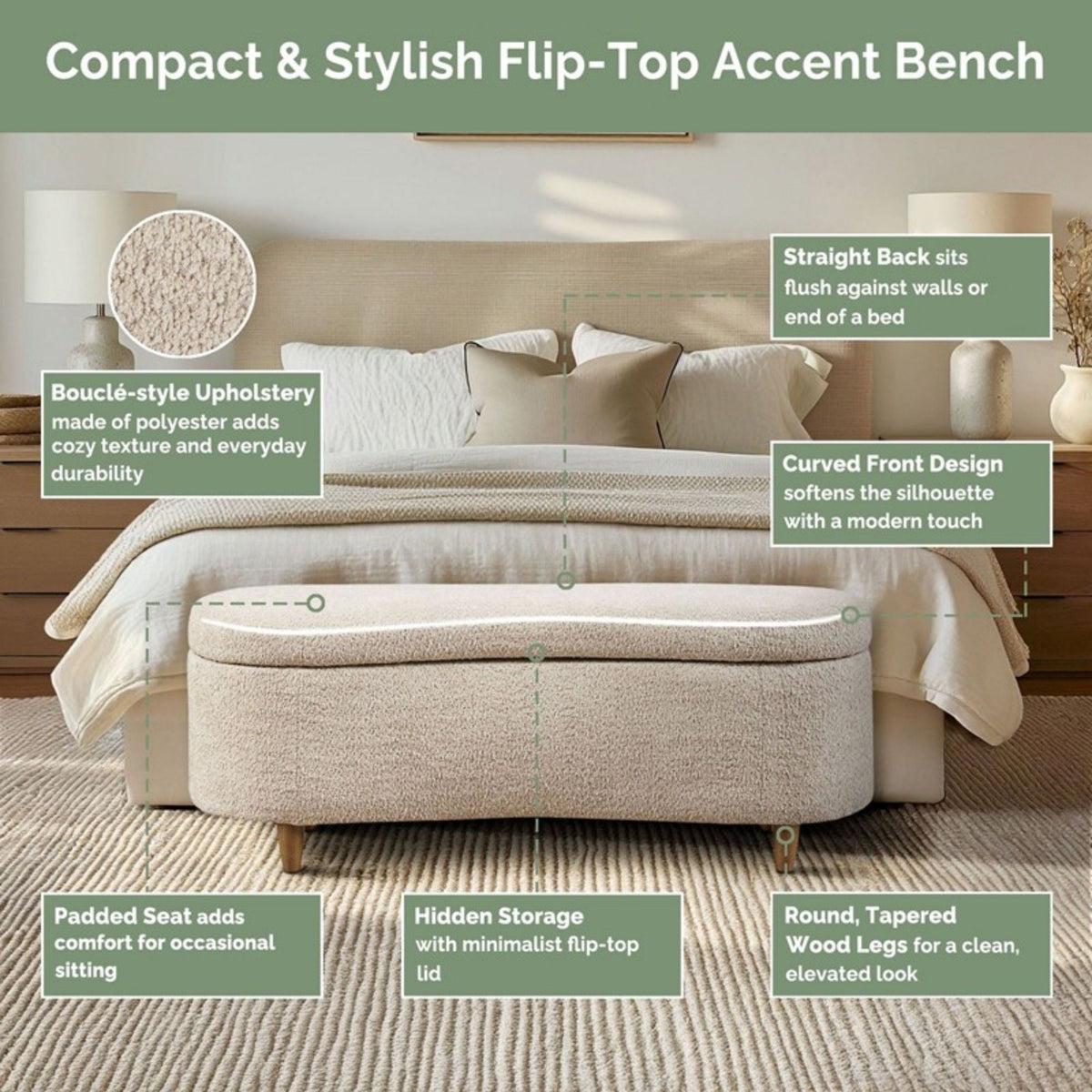 Flip Top Storage Bench beige upholstered with rounded wood legs for hidden storage on Tampa Home & Garden Store