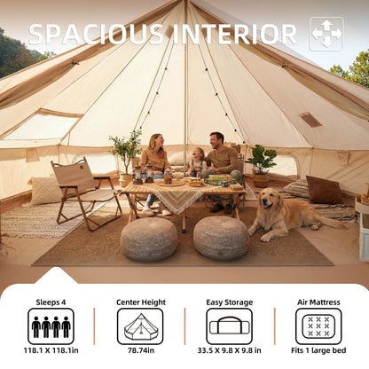 HouseOfZazla 4 Season Bell Tent 9.8 ft interior with cozy seating and string lights on Tampa Home & Garden Store