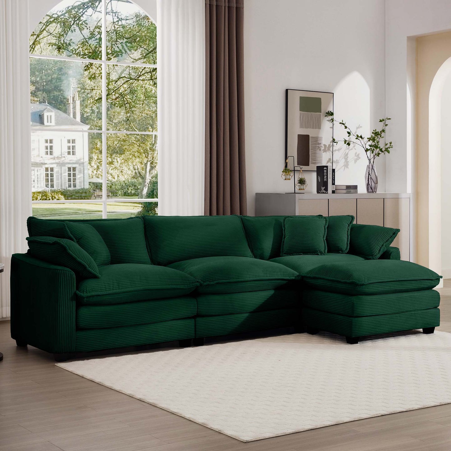Modern oversized modular cushion sofa with ottoman in green velvet, 2-piece set by HouseOfZazla on Tampa Home & Garden Store