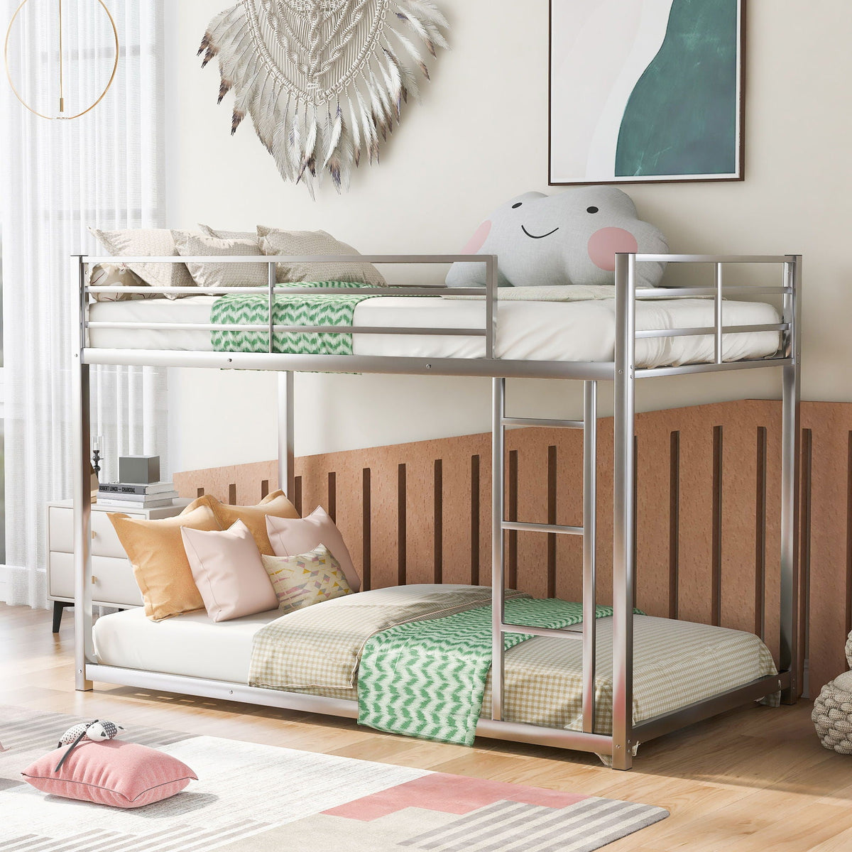 Metal bunk bed with ladder, low two-tier frame in silver by HouseOfZazla on Tampa Home & Garden Store
