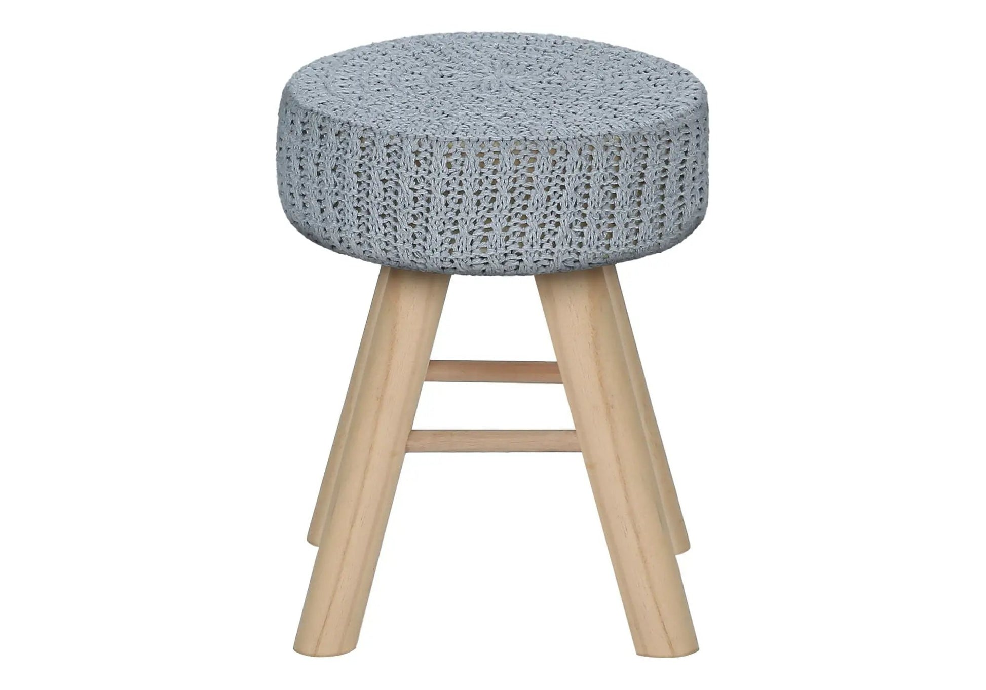 Round knitted grey ottoman pouf with natural wood legs, Unique Piece Furniture accent stool on Tampa Home & Garden Store