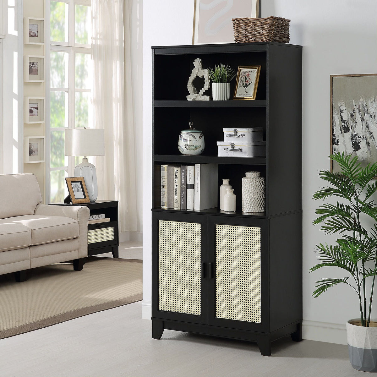Sheridan Bookcase Cabinet with Modern Cane, 7-Shelf black storage unit with caned doors on Tampa Home & Garden Store