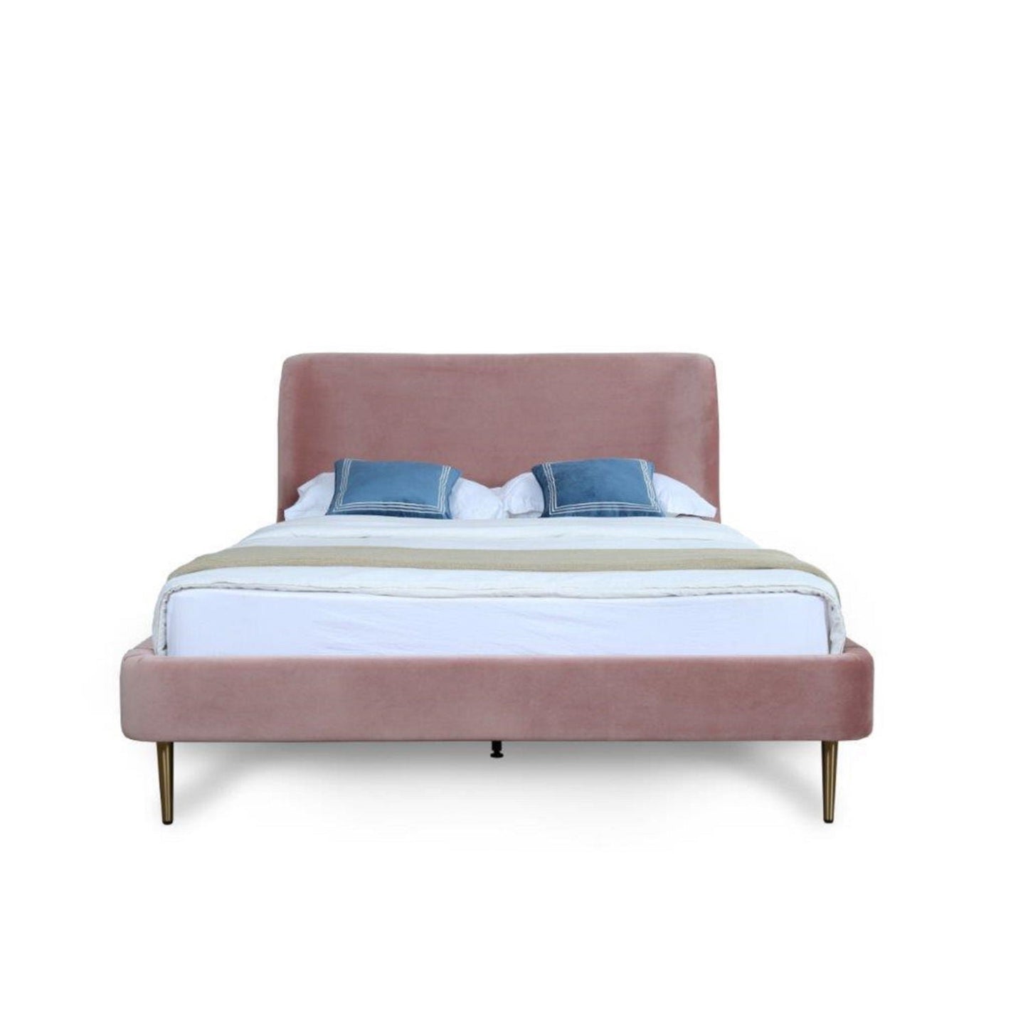 Heather upholstered bed with curved pink velvet headboard and gold legs by HouseOfZazla on Tampa Home & Garden Store