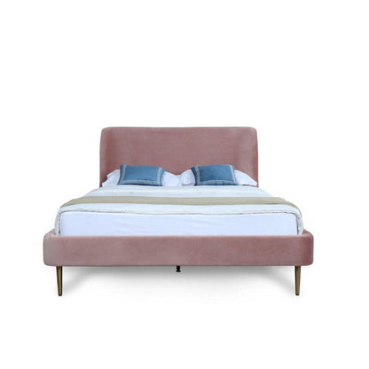 Heather upholstered bed with curved pink velvet headboard and gold legs by HouseOfZazla on Tampa Home & Garden Store