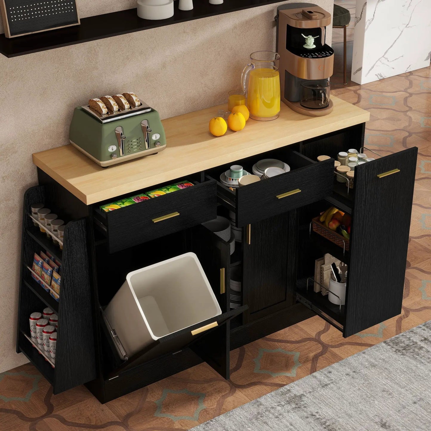 Kitchen sideboard with sliding doors, black finish and wooden top, 3-tier spice rack on Tampa Home & Garden Store