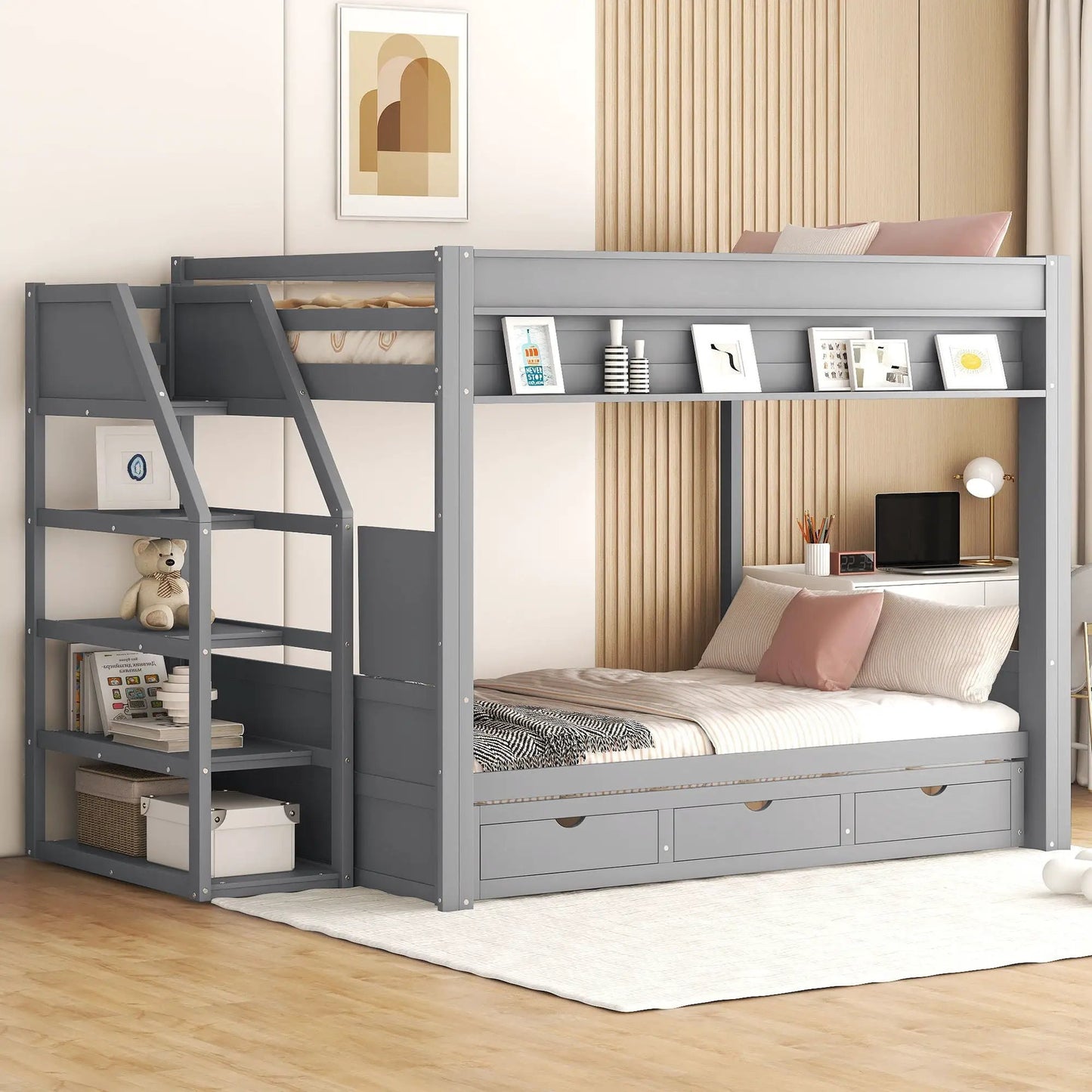 Wood Full Size Convertible Bunk Bed with Storage