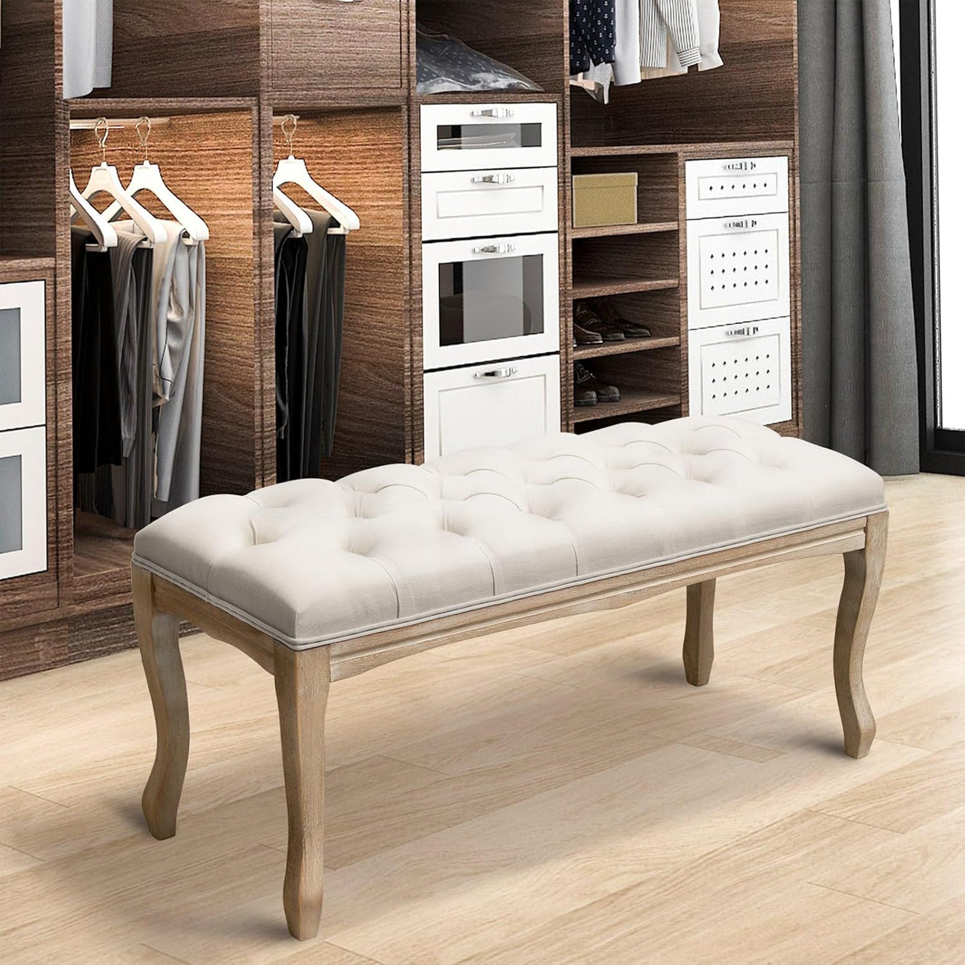 Bedroom bench Vintage Tufted with white fabric seat and light wood legs by HouseOfZazla on Tampa Home & Garden Store