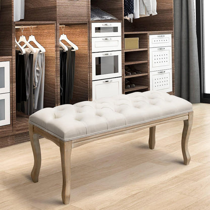 Bedroom bench Vintage Tufted with white fabric seat and light wood legs by HouseOfZazla on Tampa Home & Garden Store