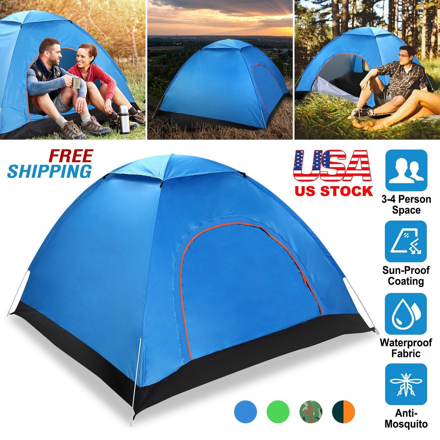 GemGear 4-Person Pop-Up Camping Tent blue with instant setup and two mosquito net doors on Tampa Home & Garden Store