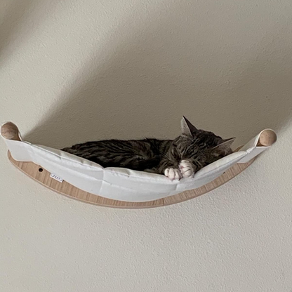 Pet solid wood cat wall hanging hammock with curved frame, cat resting on fabric on Tampa Home & Garden Store