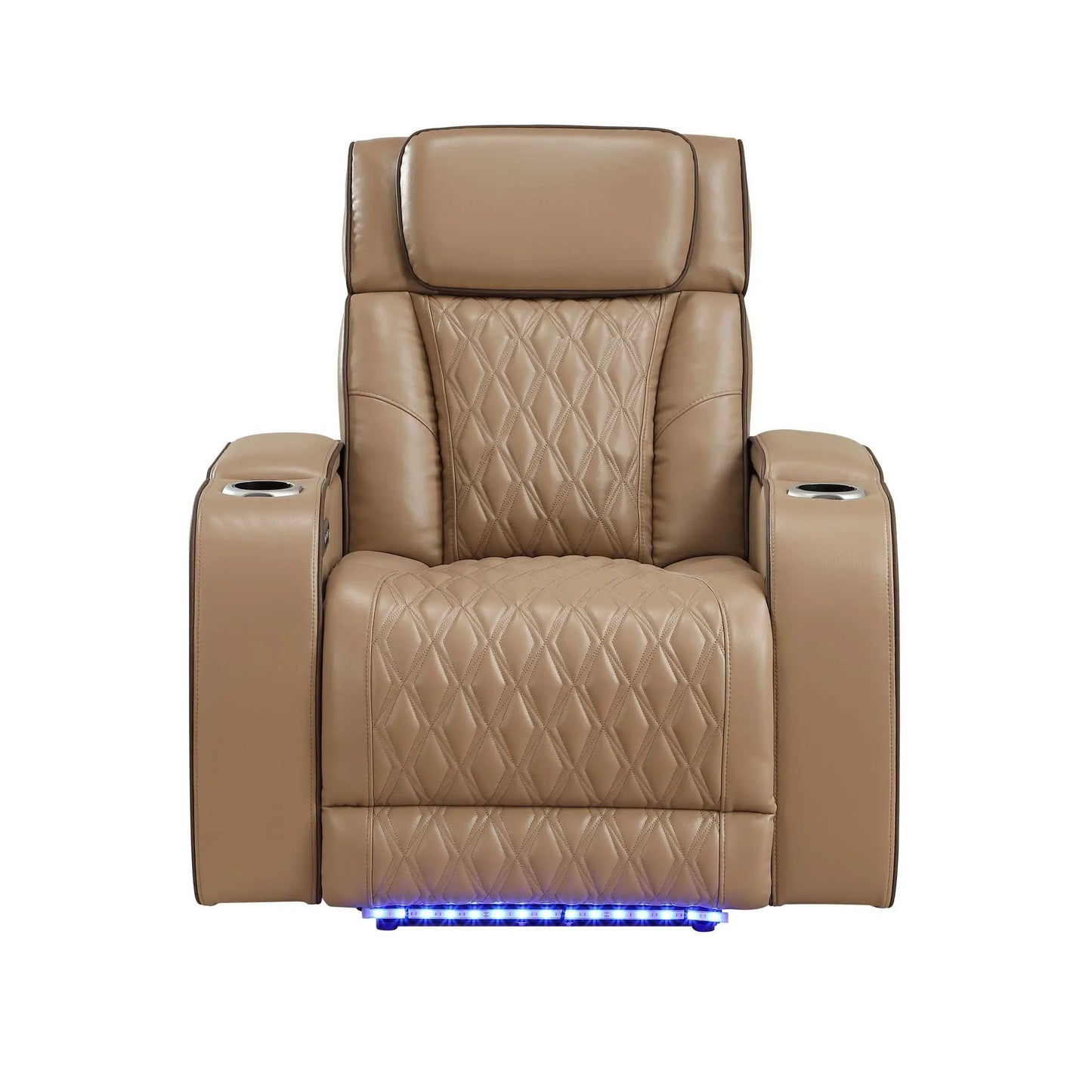 Fortuner power reclining chair in tan leather with diamond quilted back and cup holders on Tampa Home & Garden Store