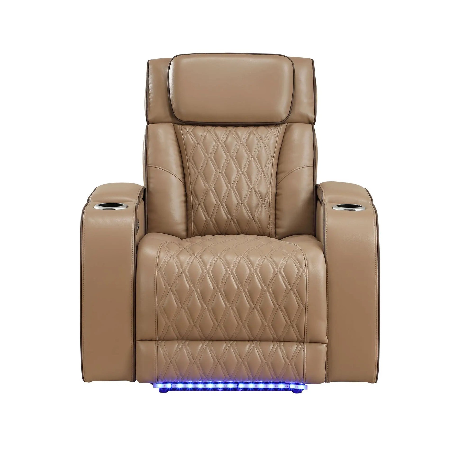 Fortuner power reclining chair in tan leather with diamond quilted back and cup holders on Tampa Home & Garden Store