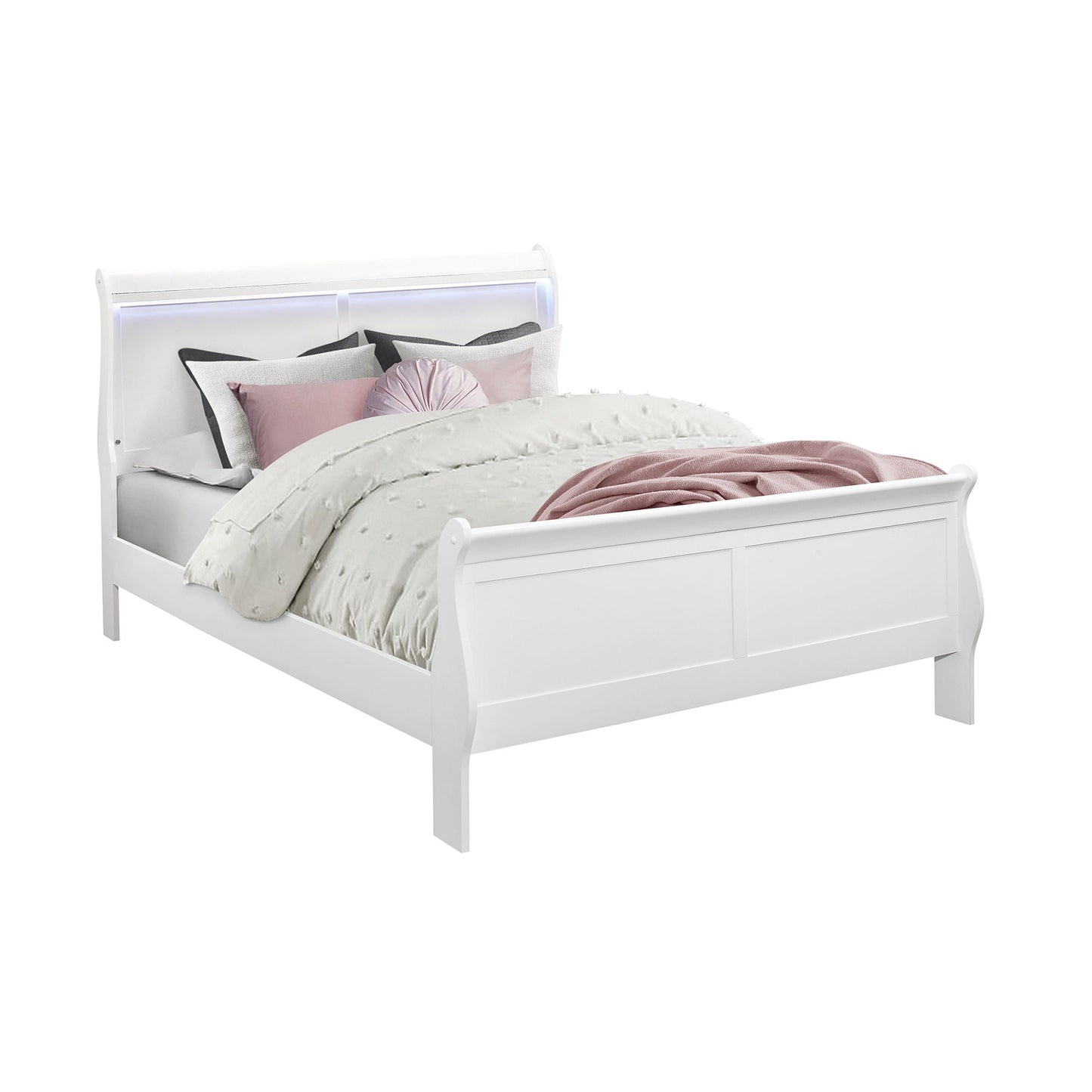 Charlston 5 Piece Bedroom Set with LED Headboard white bed with pink pillows HouseOfZazla on Tampa Home & Garden Store