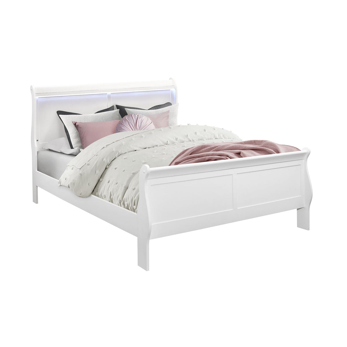 Charlston 5 Piece Bedroom Set with LED Headboard white bed with pink pillows HouseOfZazla on Tampa Home & Garden Store