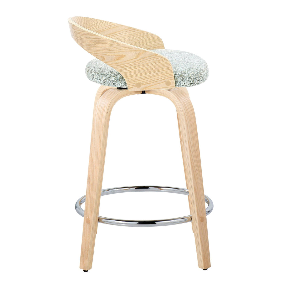 Counter stool set with swivel gray textured seat on natural wood frame with chrome footrest on Tampa Home & Garden Store