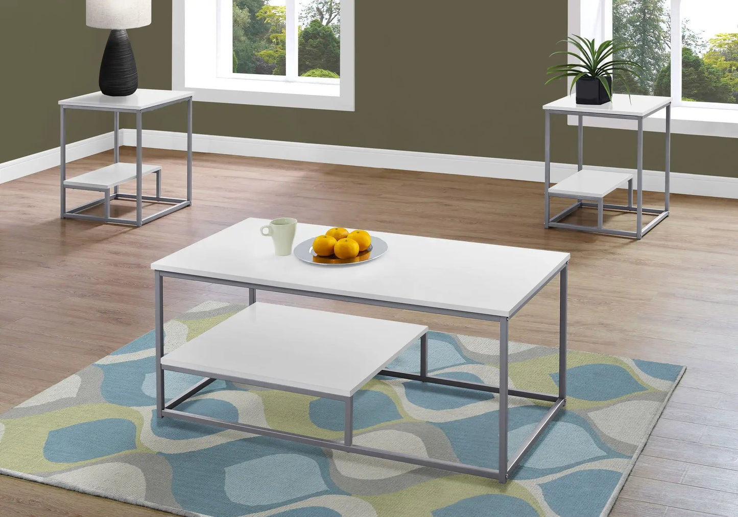 Three-piece modern coffee and end tables set with white tops by Unique Piece Furniture on Tampa Home & Garden Store