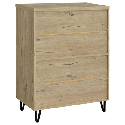 Clackamas two-door storage cabinet with adjustable shelves in oak and black metal legs on Tampa Home & Garden Store