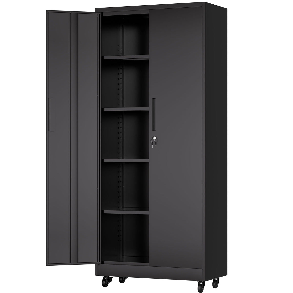 Black storage cabinet on wheels with adjustable shelves and locking door with keys visible on Tampa Home & Garden Store