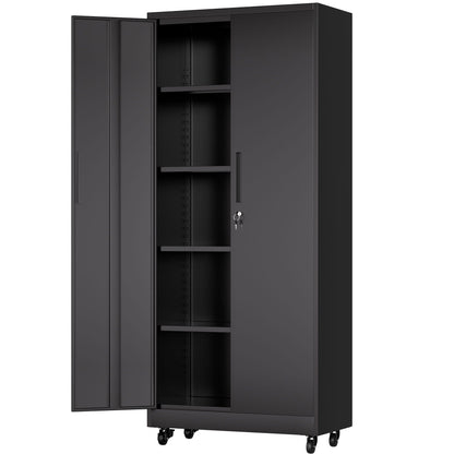 Black storage cabinet on wheels with adjustable shelves and locking door with keys visible on Tampa Home & Garden Store