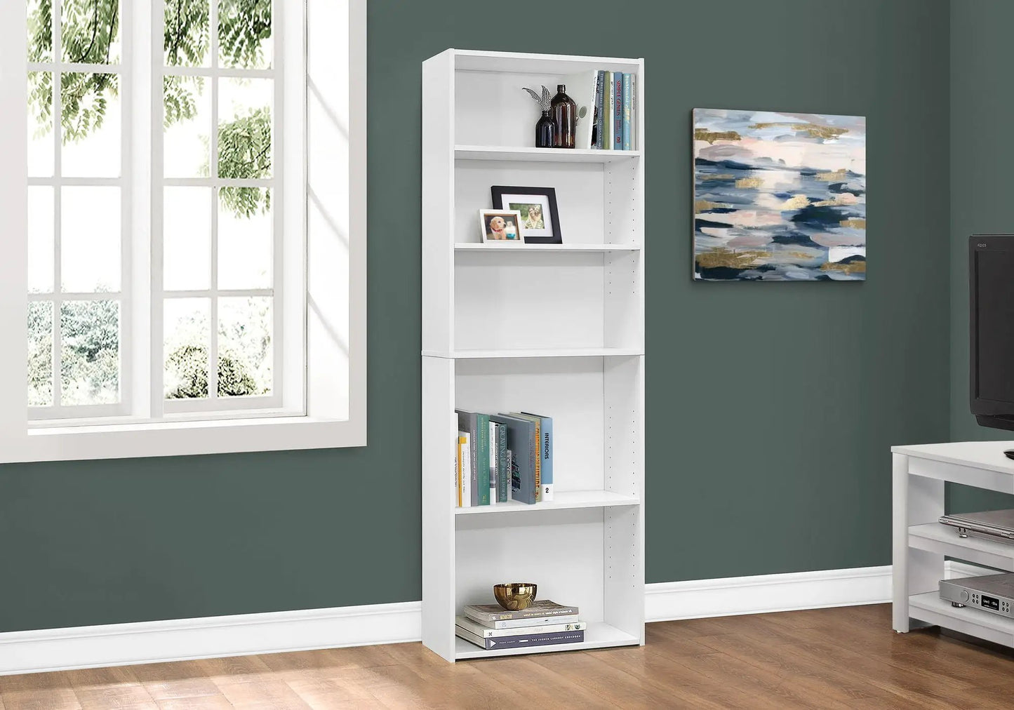 Bookshelf 6-tier white bookcase from Unique Piece Furniture in office, with books on shelves on Tampa Home & Garden Store