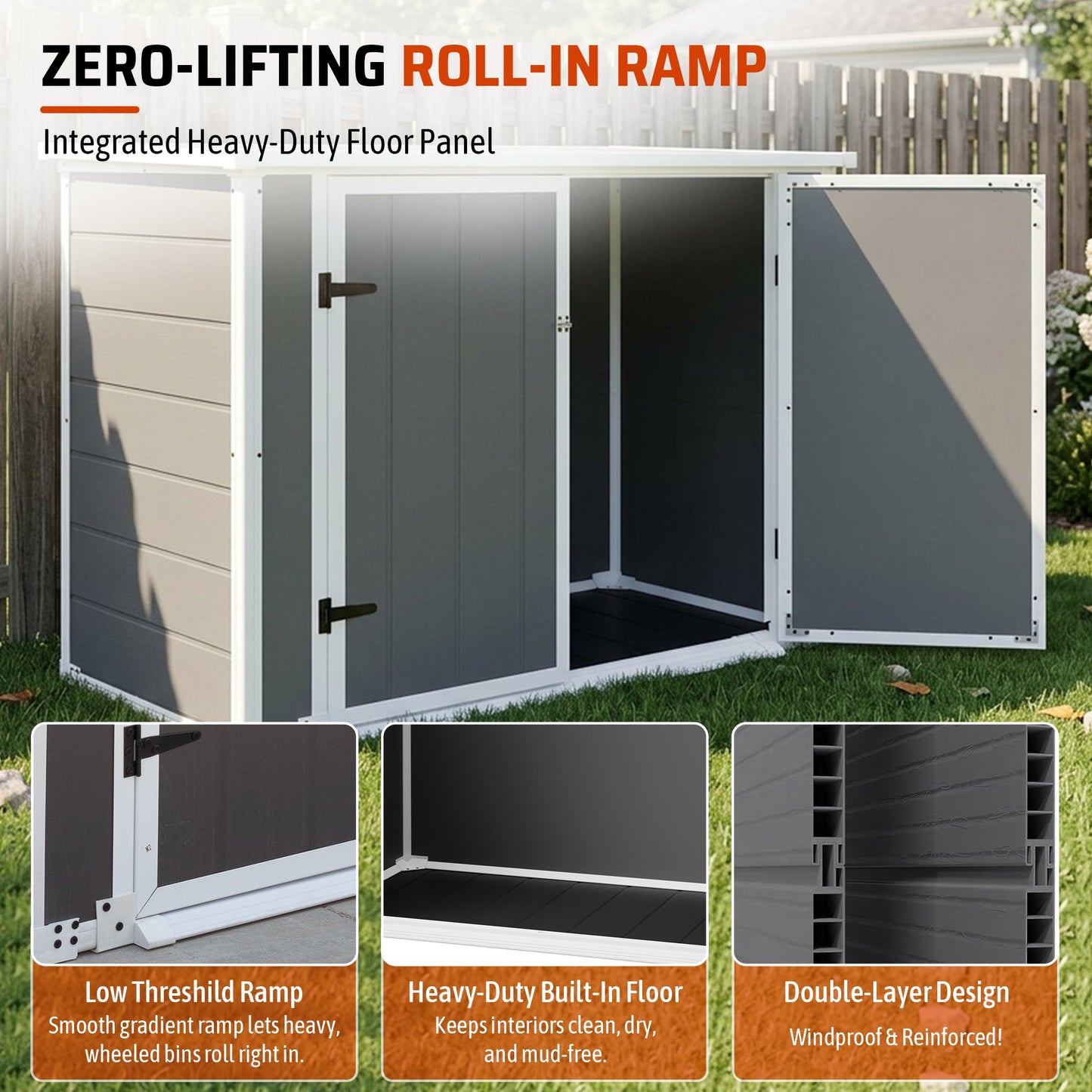 Horizontal outdoor storage shed with ramp and hydraulic lid, gray panels on Tampa Home & Garden Store