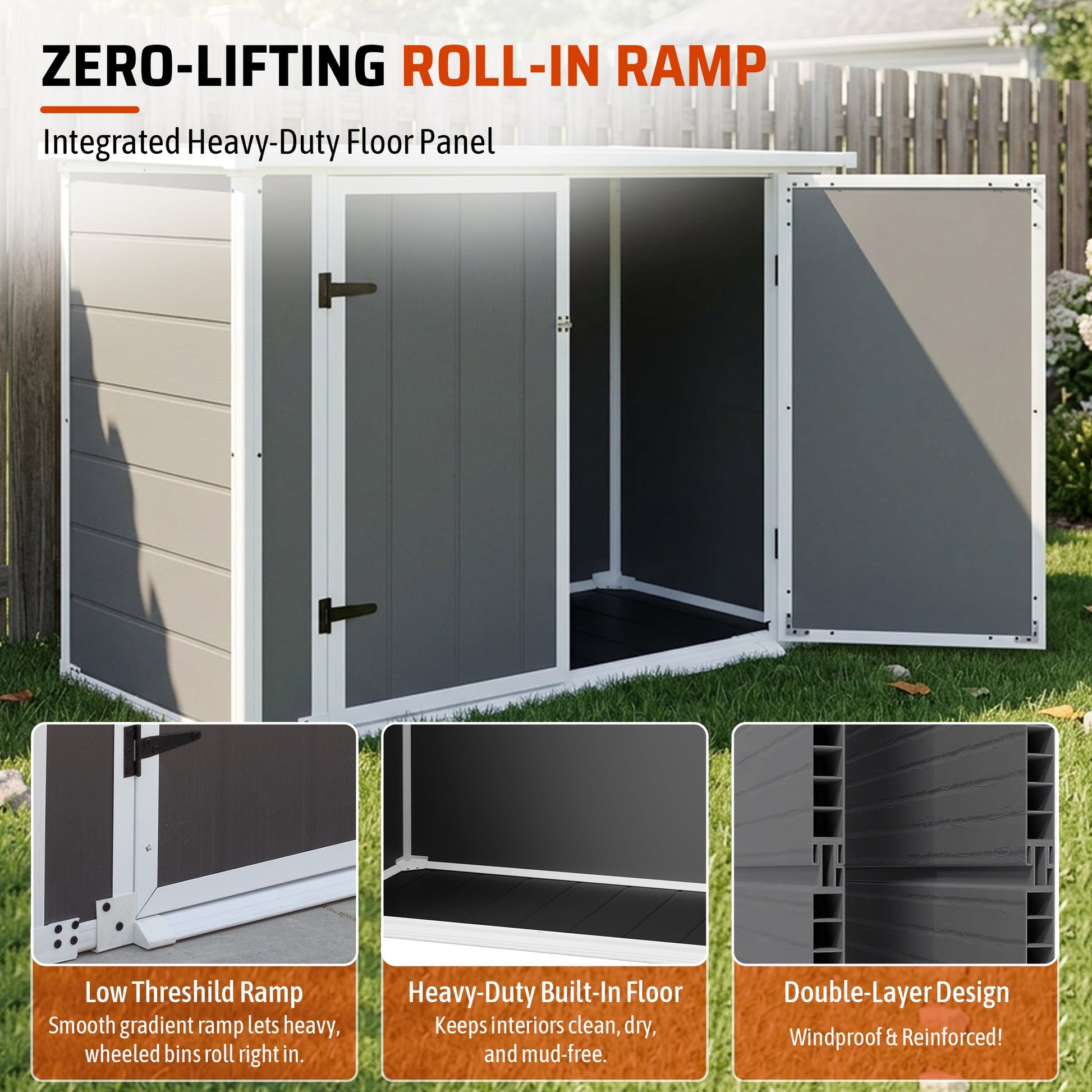 Horizontal outdoor storage shed with ramp and hydraulic lid, gray panels on Tampa Home & Garden Store