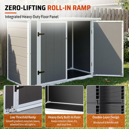 Horizontal outdoor storage shed with ramp and hydraulic lid, gray panels on Tampa Home & Garden Store