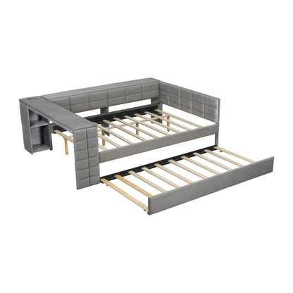 Upholstered platform bed frame by HouseOfZazla in gray with storage and pull-out trundle on Tampa Home & Garden Store