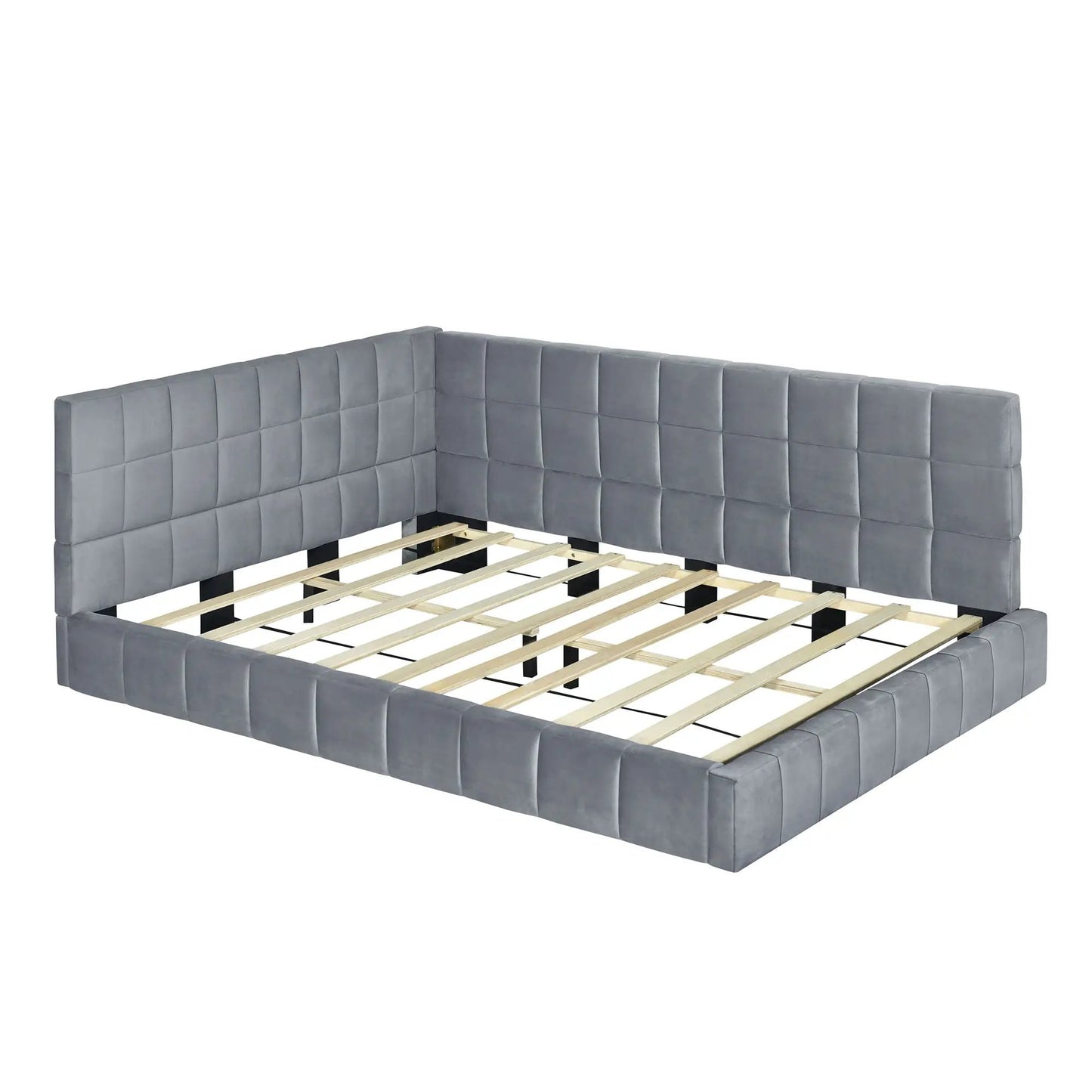 Full-size upholstered gray daybed frame with tufted square panels and wooden slat base on Tampa Home & Garden Store