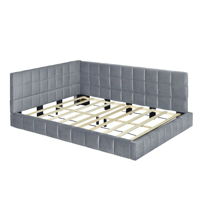 Full-size upholstered gray daybed frame with tufted square panels and wooden slat base on Tampa Home & Garden Store