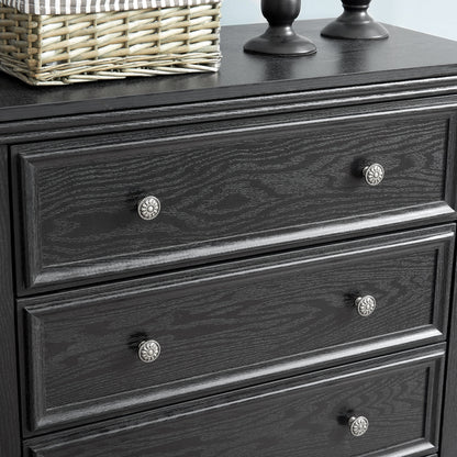 Modern 5-drawer black dresser with decorative rosette knobs on Tampa Home & Garden Store