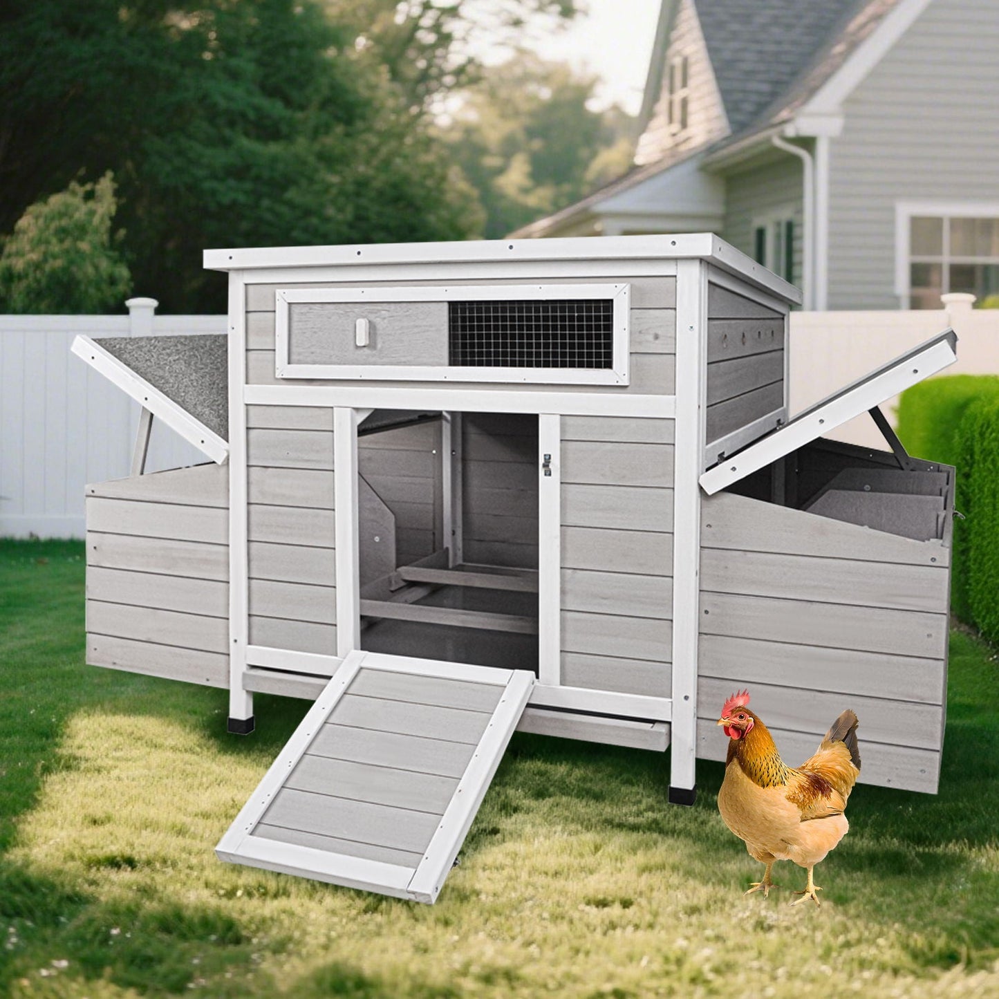 Large chicken coop with dual nesting boxes in gray wood, ramp access, two chickens HouseOfZazla on Tampa Home & Garden Store