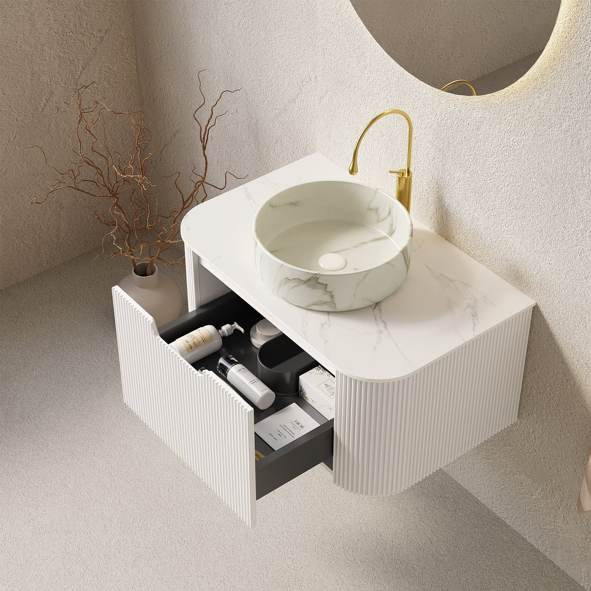 Modern bathroom vanity with white marble top and sink, gold faucet on cabinet on Tampa Home & Garden Store