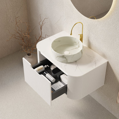 Modern bathroom vanity with white marble top and sink, gold faucet on cabinet on Tampa Home & Garden Store