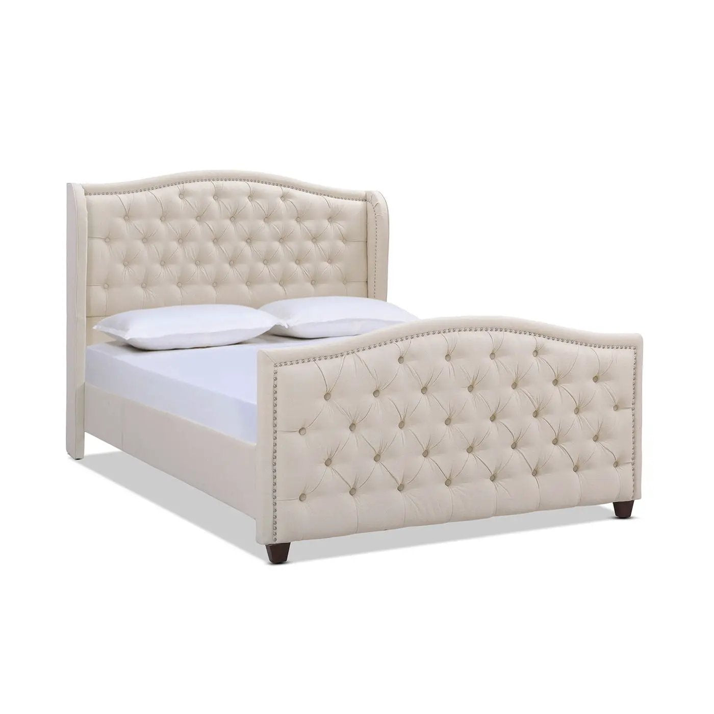 Marcella Upholstered Shelter Headboard Bed Set beige with nailhead trim footboard on Tampa Home & Garden Store