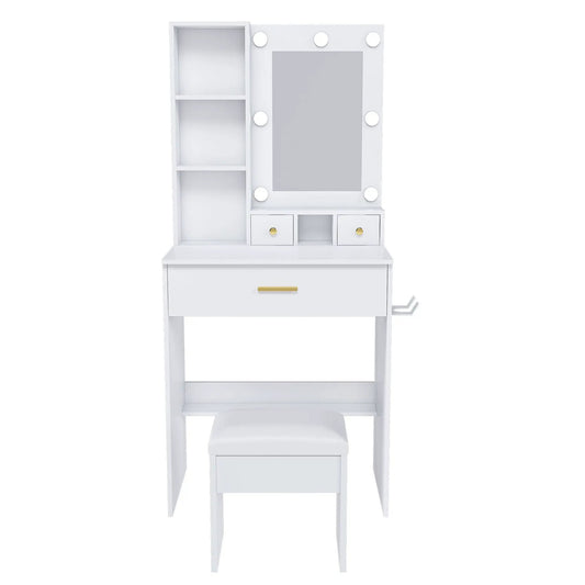 Vanity table with mirror and LED bulbs white finish left shelves, drawers with gold knobs, stool on Tampa Home & Garden Store