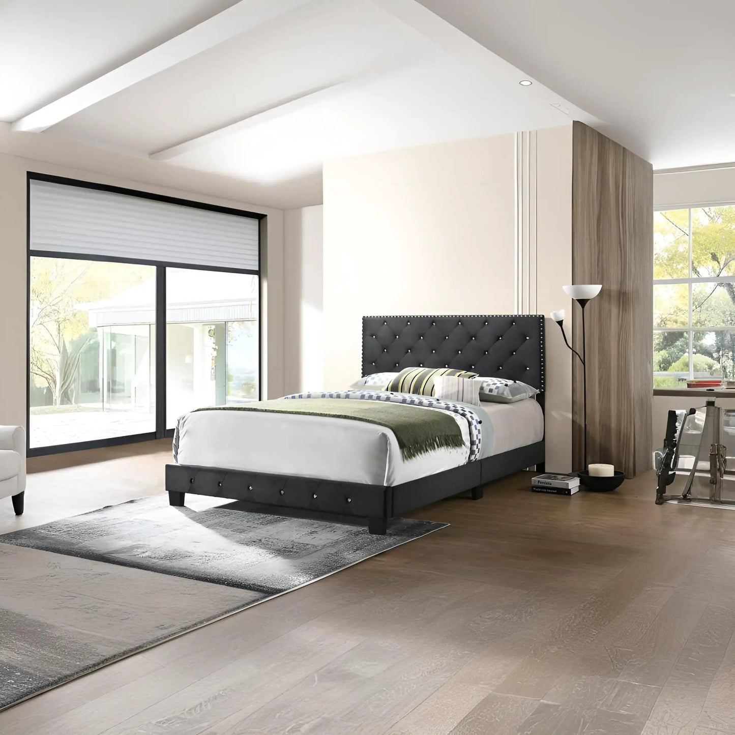 Luxurious Upholstered Bed with a black tufted headboard in a modern bedroom on Tampa Home & Garden Store