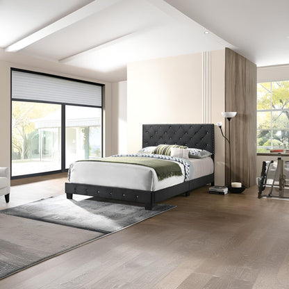 Luxurious upholstered bed with a black tufted headboard and low frame in a modern bedroom on Tampa Home & Garden Store
