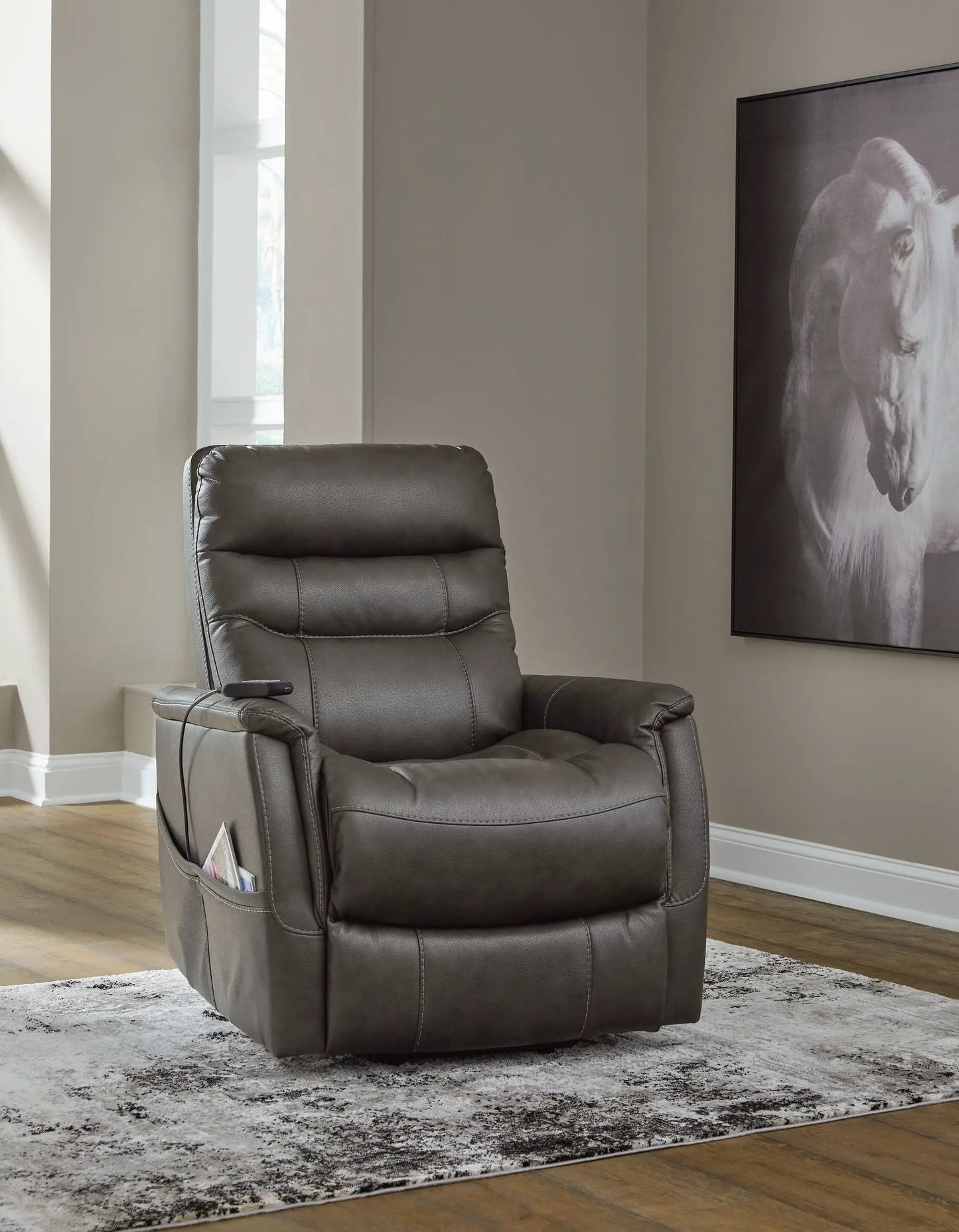 Strawbill Power Lift Recliner by Unique Piece Furniture brown leather with magazine pocket on Tampa Home & Garden Store