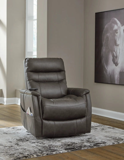 Strawbill Power Lift Recliner by Unique Piece Furniture brown leather with magazine pocket on Tampa Home & Garden Store