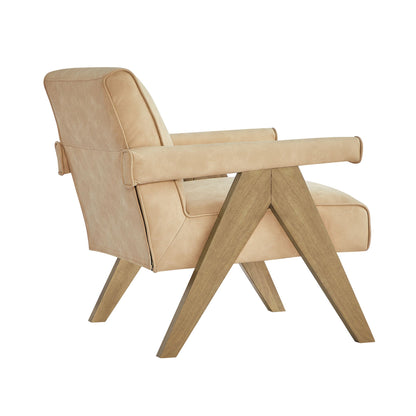 Nessi Arm Chair with solid wood A-frame, beige leather upholstery, HouseOfZazla armchair on Tampa Home & Garden Store