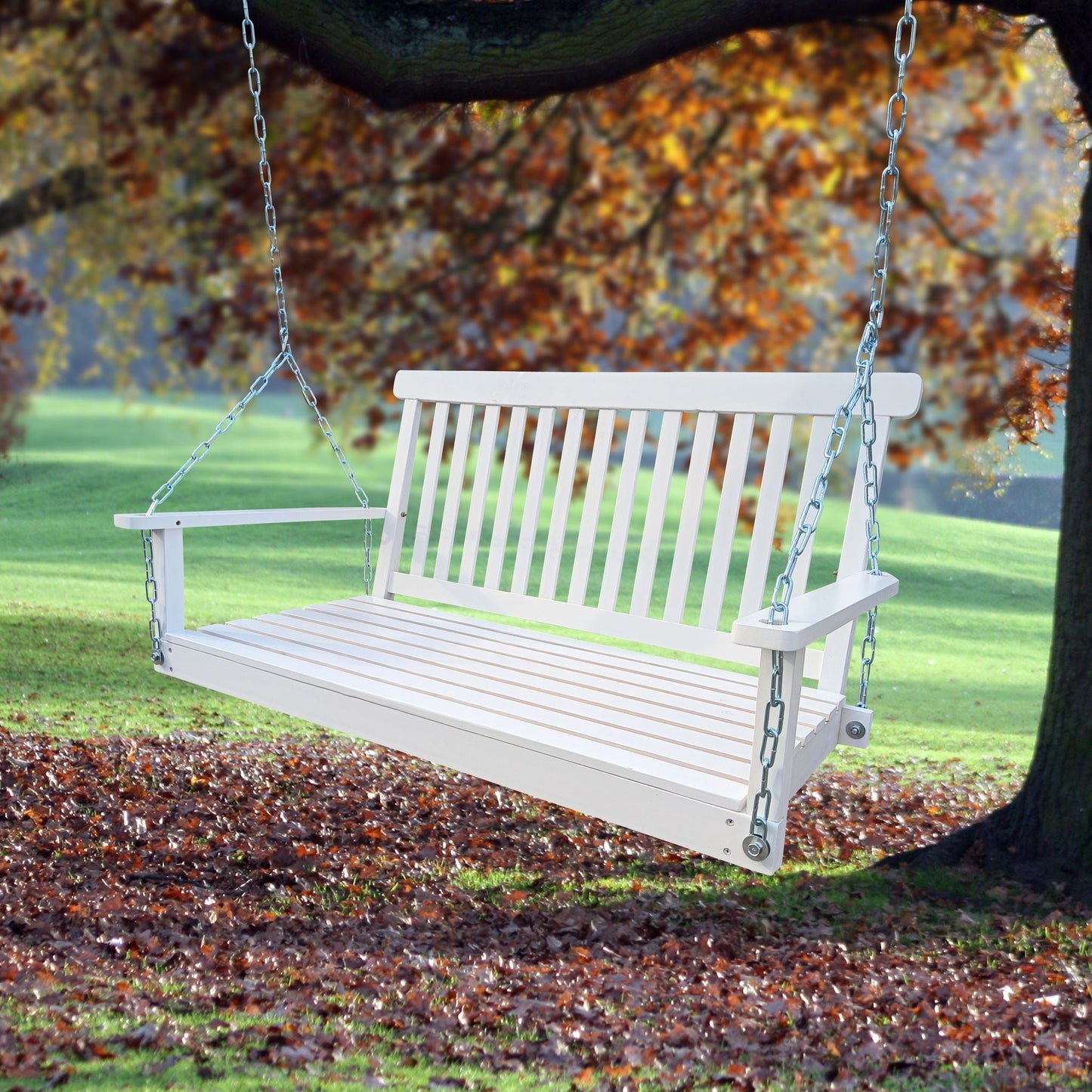 Front porch swing with armrests, white wooden seat and back, suspended by metal chains outdoors on Tampa Home & Garden Store