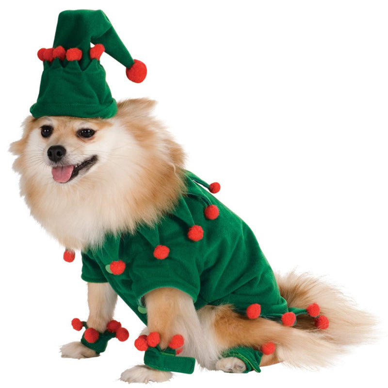 Pet Zen green elf dog costume with hat and red pom poms on Tampa Home & Garden Store