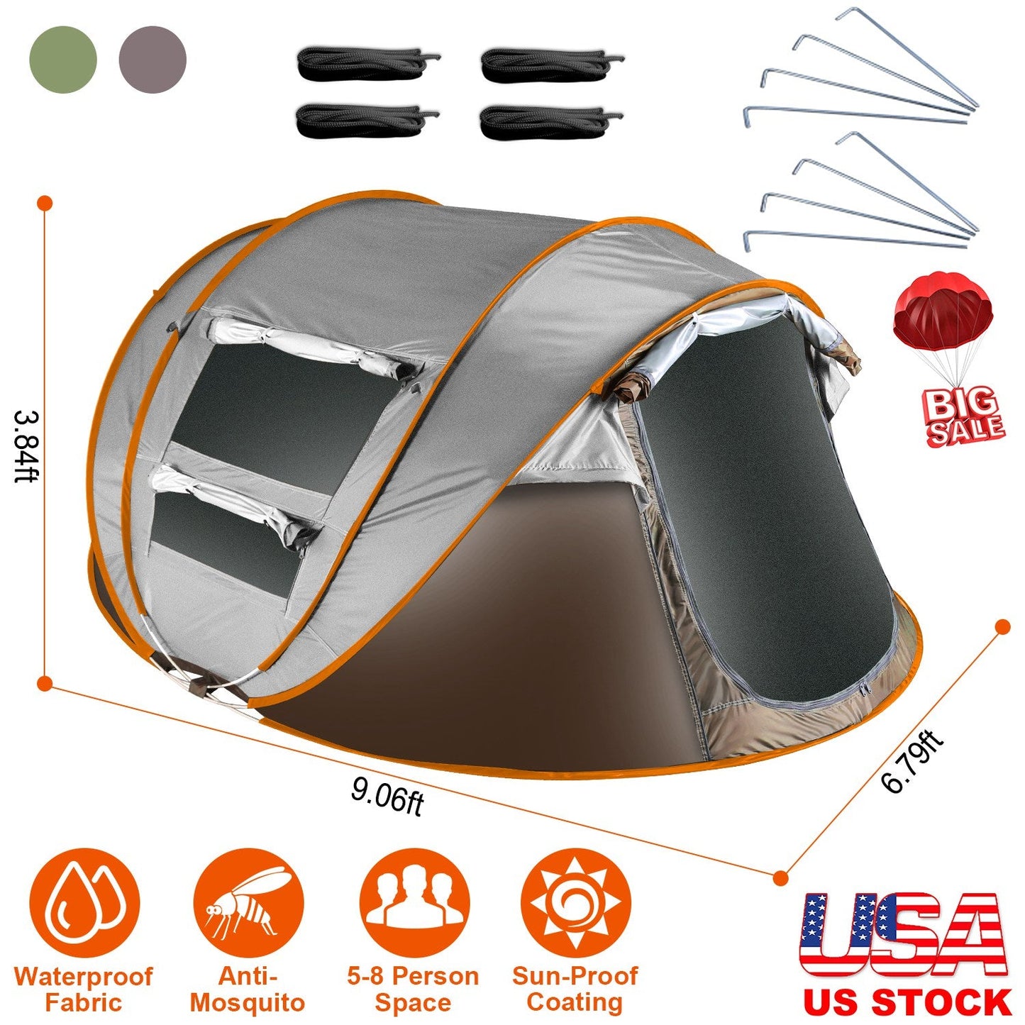 GemGear 3-4 person pop-up tent gray with orange trim waterproof on Tampa Home & Garden Store