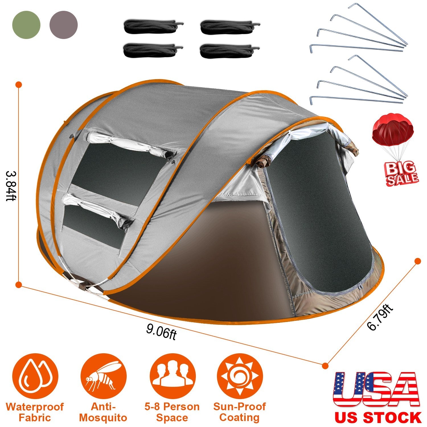 GemGear 3-4 person pop-up tent gray with orange trim waterproof on Tampa Home & Garden Store