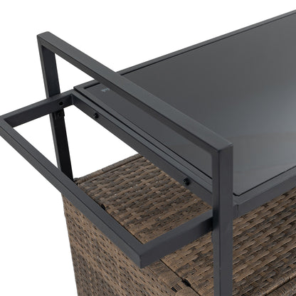 Outdoor Wicker Bar Cart with Glass Top and Wheels, dark gray metal frame with brown woven basket on Tampa Home & Garden Store