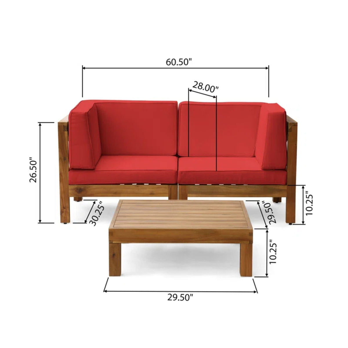 Oana 3 Piece Loveseat Set with Coffee Table by HouseOfZazla in acacia wood, red outdoor cushions on Tampa Home & Garden Store