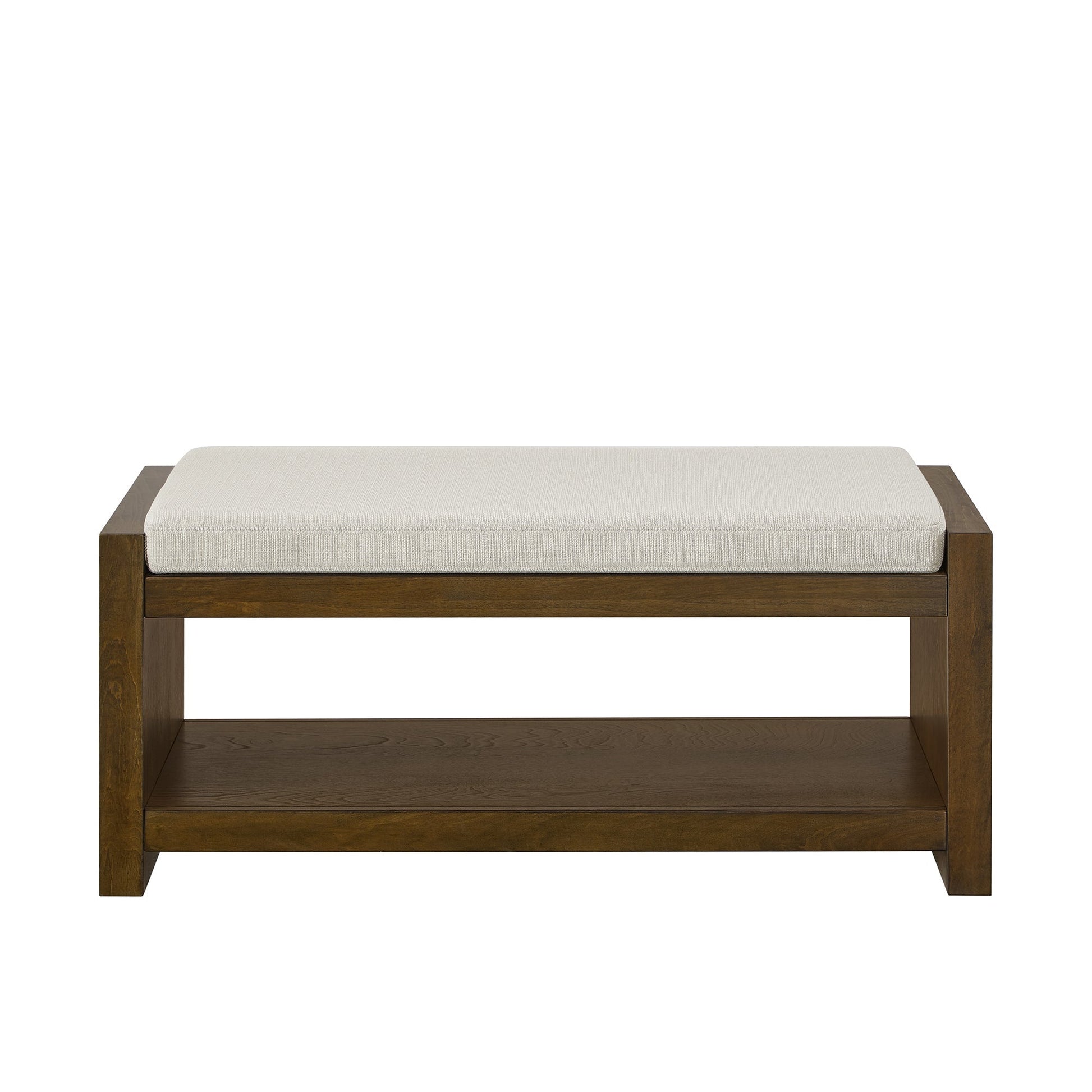 40-inch accent bench with lower shelf shoe rack, beige upholstered seat, dark wood frame on Tampa Home & Garden Store