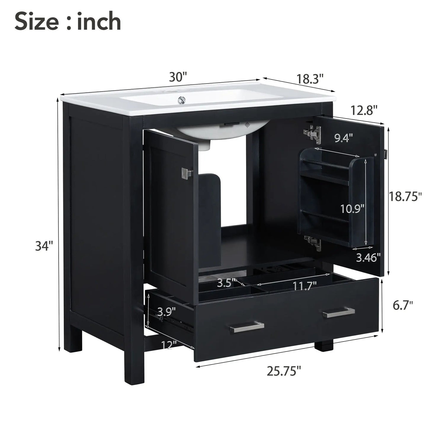 Bathroom vanity with single undermount sink, black wood cabinet with white top, soft closing on Tampa Home & Garden Store
